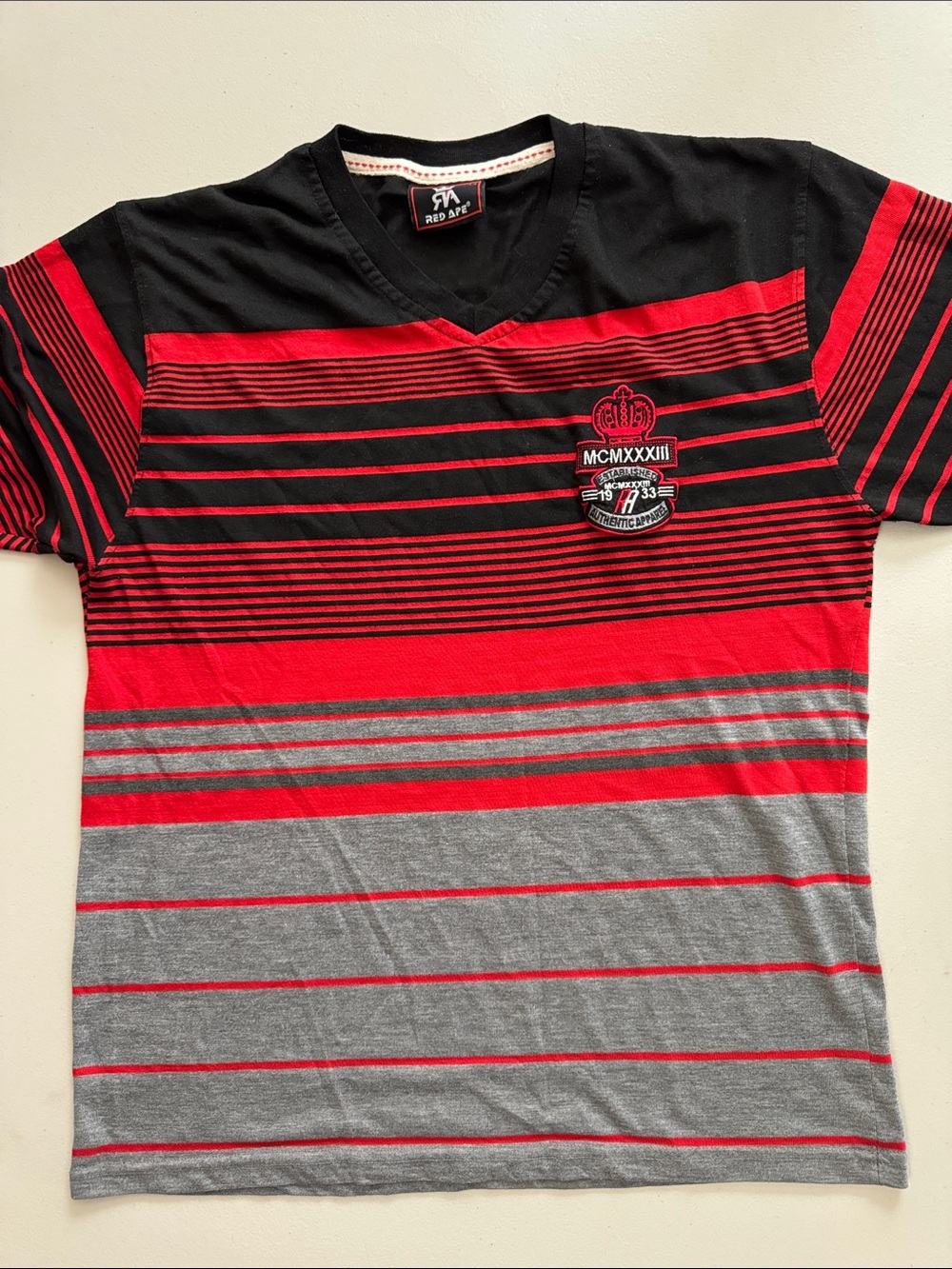 3/$10 Men's Short Sleeve V-Neck Striped Tee in Black, Red & Gray - 283 APE